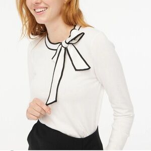 J. Crew Factory Tie Neck Bow Sweater XS White & Navy Fall ‘23 100% Cotton